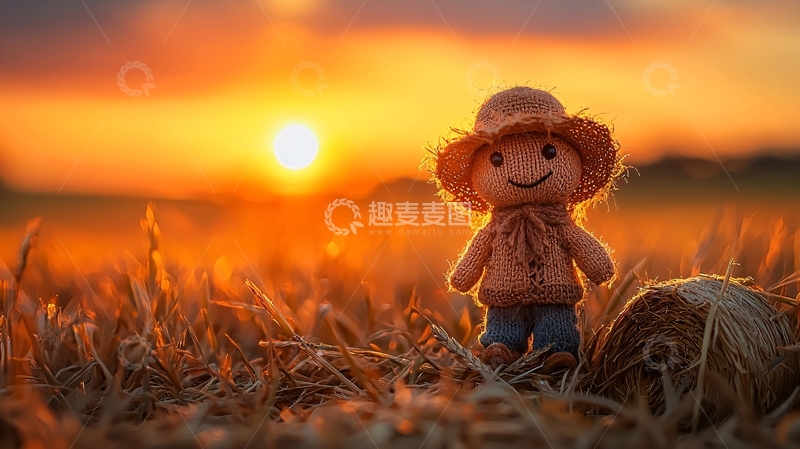 高清大图下载【趣麦麦图】夕阳下的小稻草人