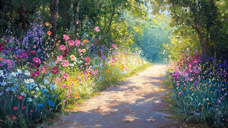 高清大图下载【趣麦麦图】阳光森林小路鲜花盛开