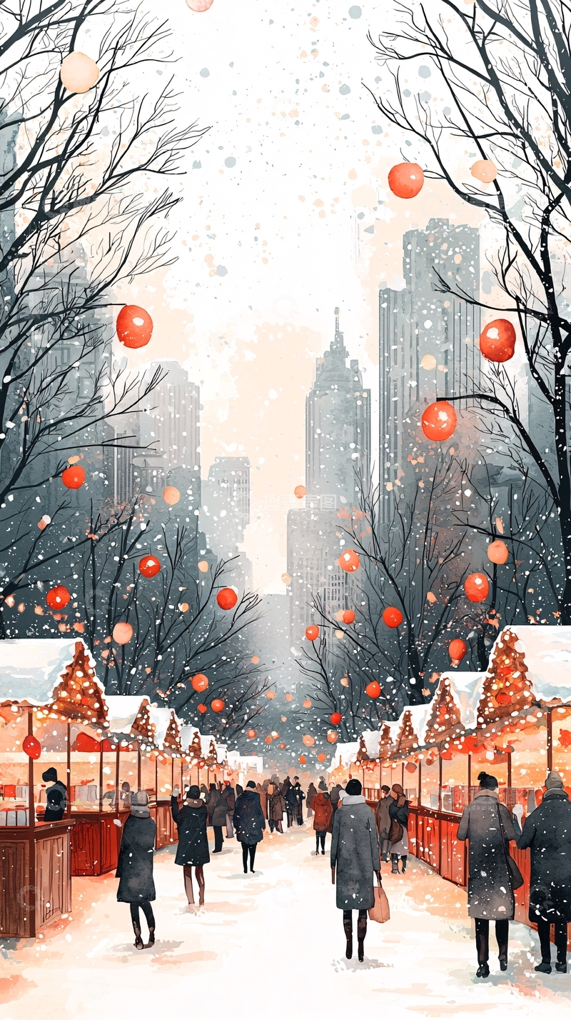 高清大图下载【趣麦麦图】冬季雪景城市圣诞集市