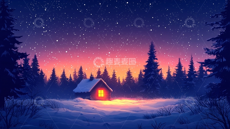 高清大图下载【趣麦麦图】雪夜森林小屋