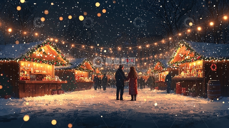 高清大图下载【趣麦麦图】下雪的圣诞集市