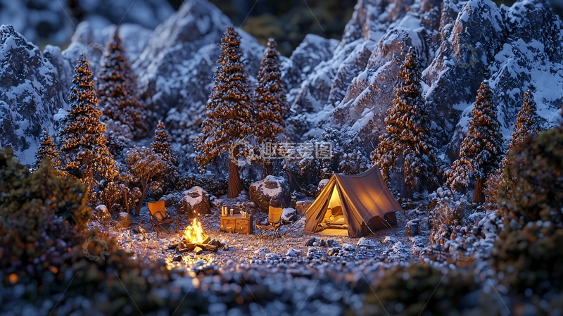 高清大图下载【趣麦麦图】雪山营地微缩景观