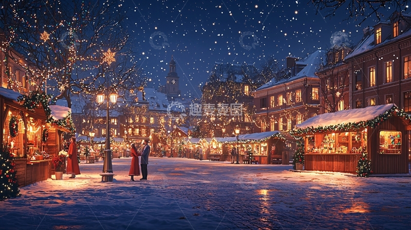 高清大图下载【趣麦麦图】下雪的圣诞小镇夜景