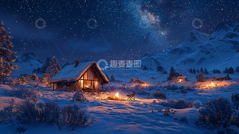 高清大图下载【趣麦麦图】雪山小屋星空夜景
