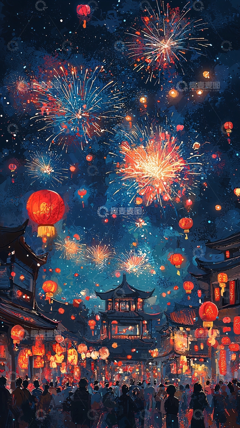 高清大图下载【趣麦麦图】梦幻烟花古镇夜景