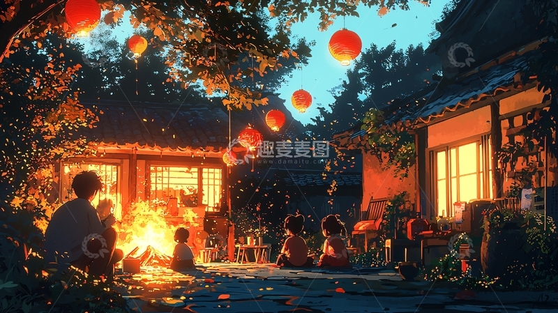 高清大图下载【趣麦麦图】夜晚篝火晚会