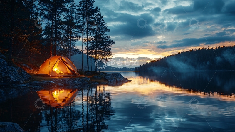 高清大图下载【趣麦麦图】湖边营地篝火晚霞