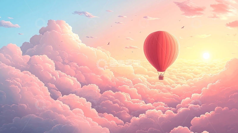 高清大图下载【趣麦麦图】粉色云朵中的红色热气球