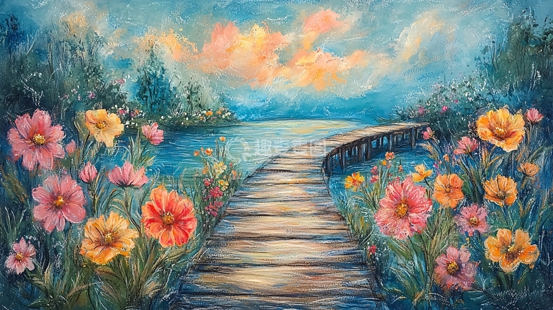 高清大图下载【趣麦麦图】湖边木栈道鲜花风景画