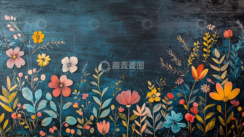 高清大图下载【趣麦麦图】深蓝色背景彩色花卉图案