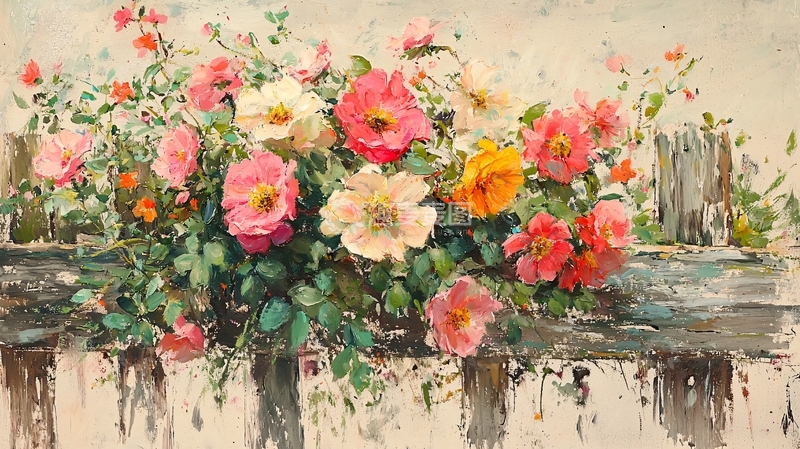 高清大图下载【趣麦麦图】油画花卉篱笆风景