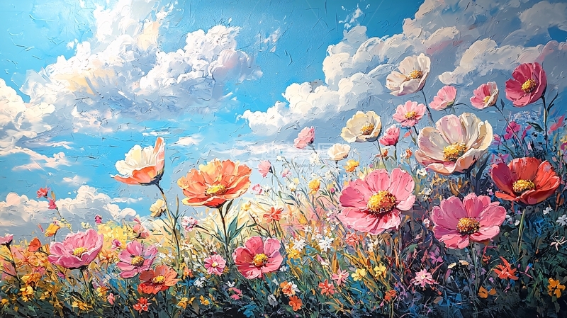 彩色花田蓝天白云