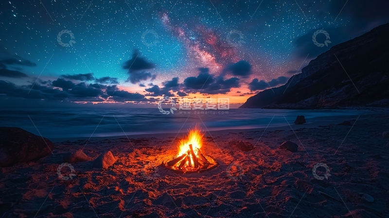 高清大图下载【趣麦麦图】海边篝火星空夜景