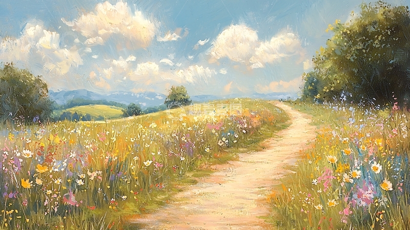 高清大图下载【趣麦麦图】田园小路鲜花盛开