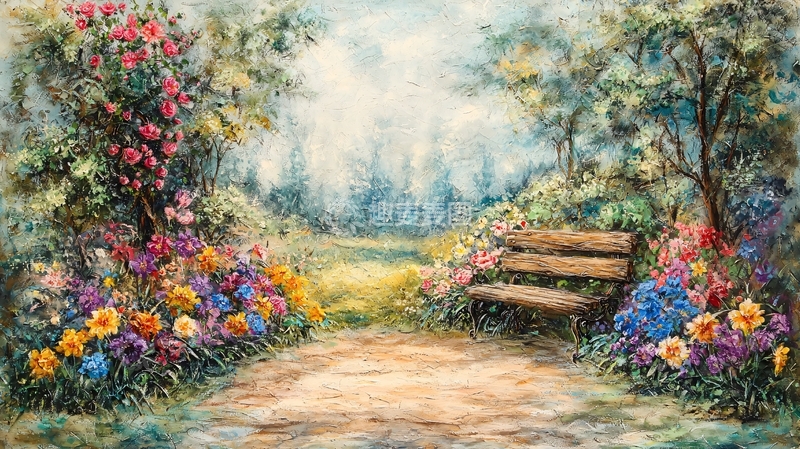 高清大图下载【趣麦麦图】春意盎然的鲜花花园长椅