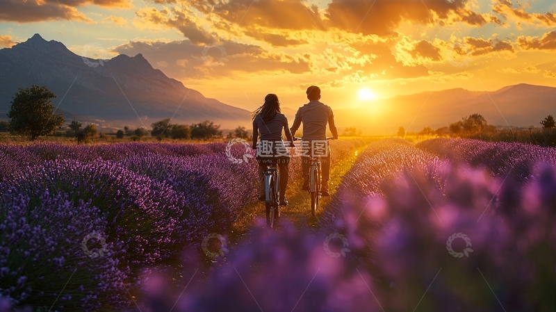 高清大图下载【趣麦麦图】夕阳下情侣骑自行车