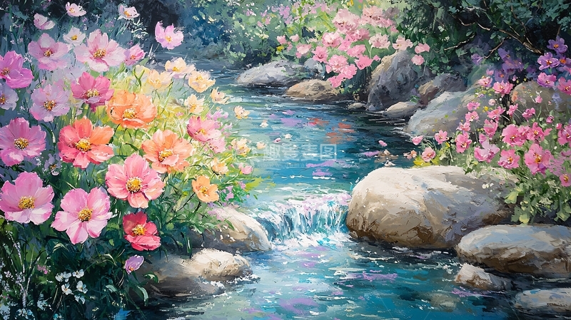 高清大图下载【趣麦麦图】溪流旁盛开的粉色花朵
