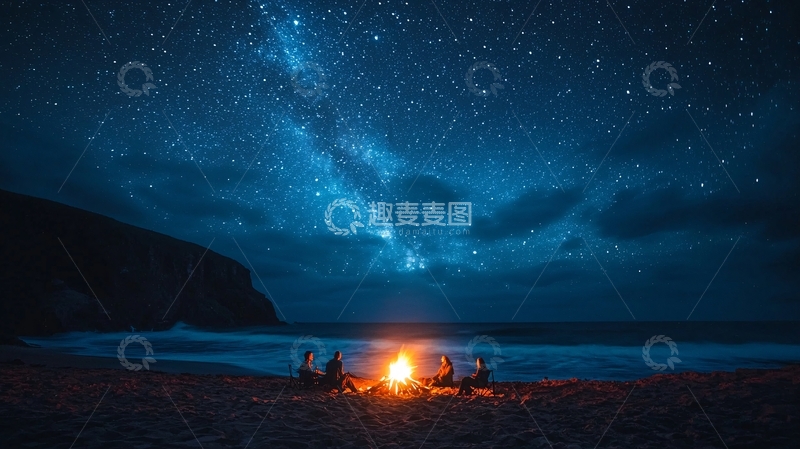 高清大图下载【趣麦麦图】星空篝火海滩夜景
