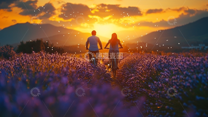 高清大图下载【趣麦麦图】夕阳下骑车的情侣