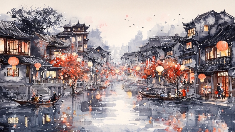 高清大图下载【趣麦麦图】水墨古镇夜景