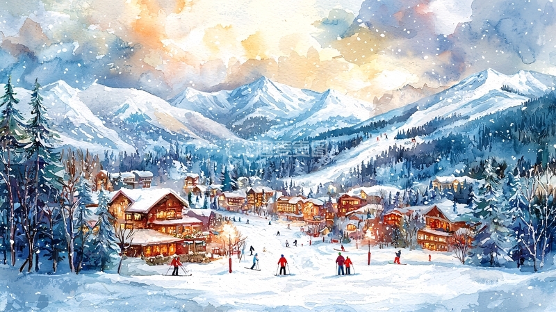 高清大图下载【趣麦麦图】雪山小镇冬季风景画