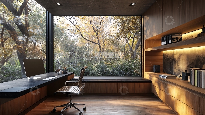 高清大图下载【趣麦麦图】极简风格落地窗书房