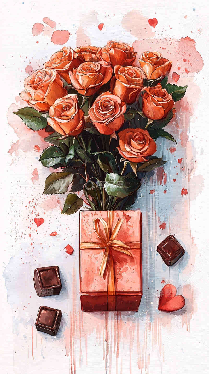高清大图下载【趣麦麦图】一束橙色玫瑰和巧克力礼盒