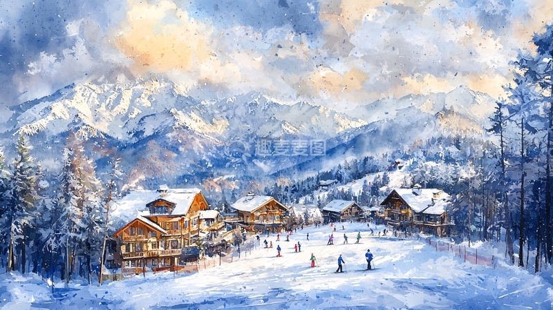高清大图下载【趣麦麦图】雪山村庄水彩画