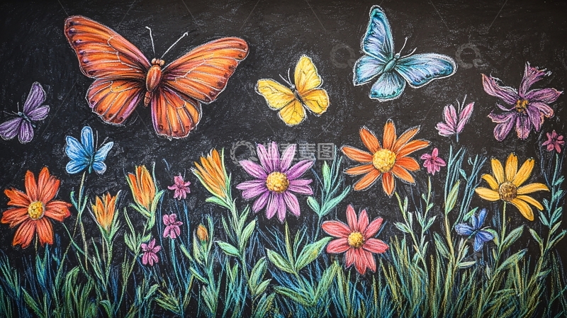 高清大图下载【趣麦麦图】黑板画彩色蝴蝶花朵