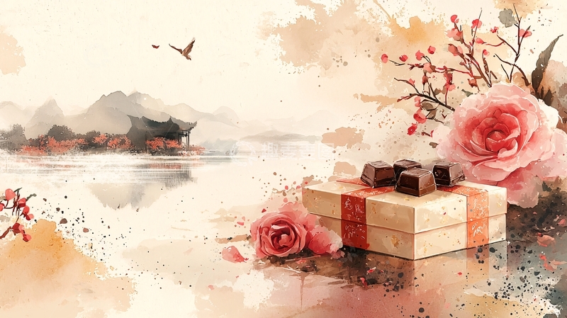 高清大图下载【趣麦麦图】水彩画中国风礼盒