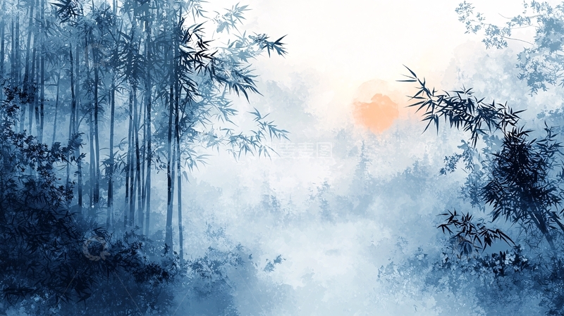 高清大图下载【趣麦麦图】水墨竹林日出