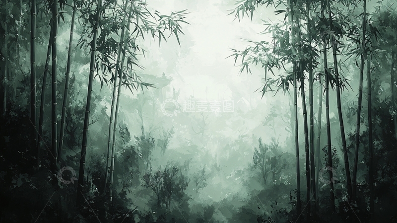 高清大图下载【趣麦麦图】水墨竹林雾景图
