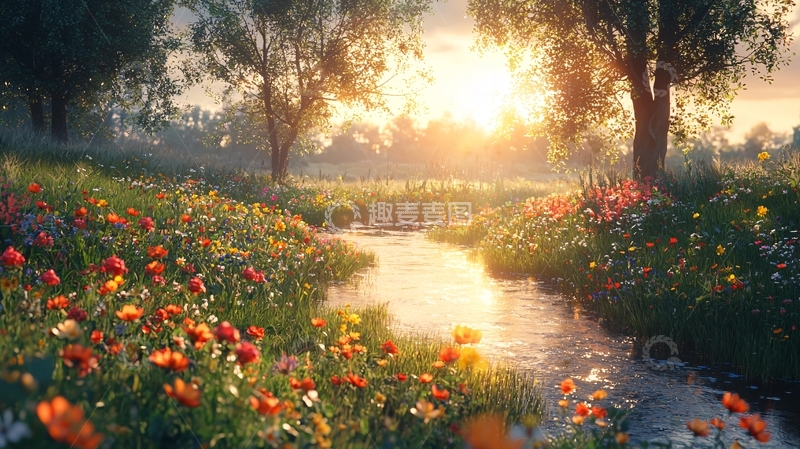 高清大图下载【趣麦麦图】清晨阳光下的花田溪流