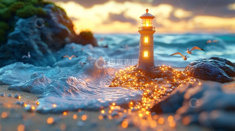 高清大图下载【趣麦麦图】海边小灯塔黄昏景色