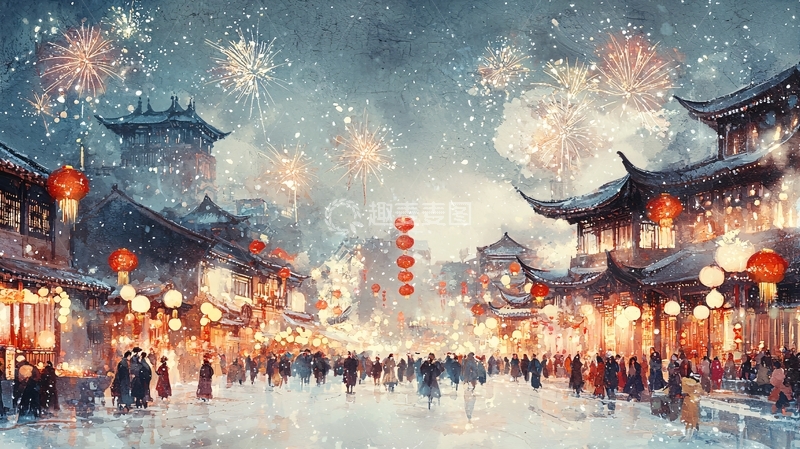 高清大图下载【趣麦麦图】雪夜古镇新年烟火
