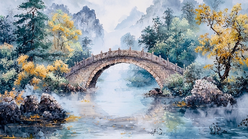 高清大图下载【趣麦麦图】水墨画山水桥