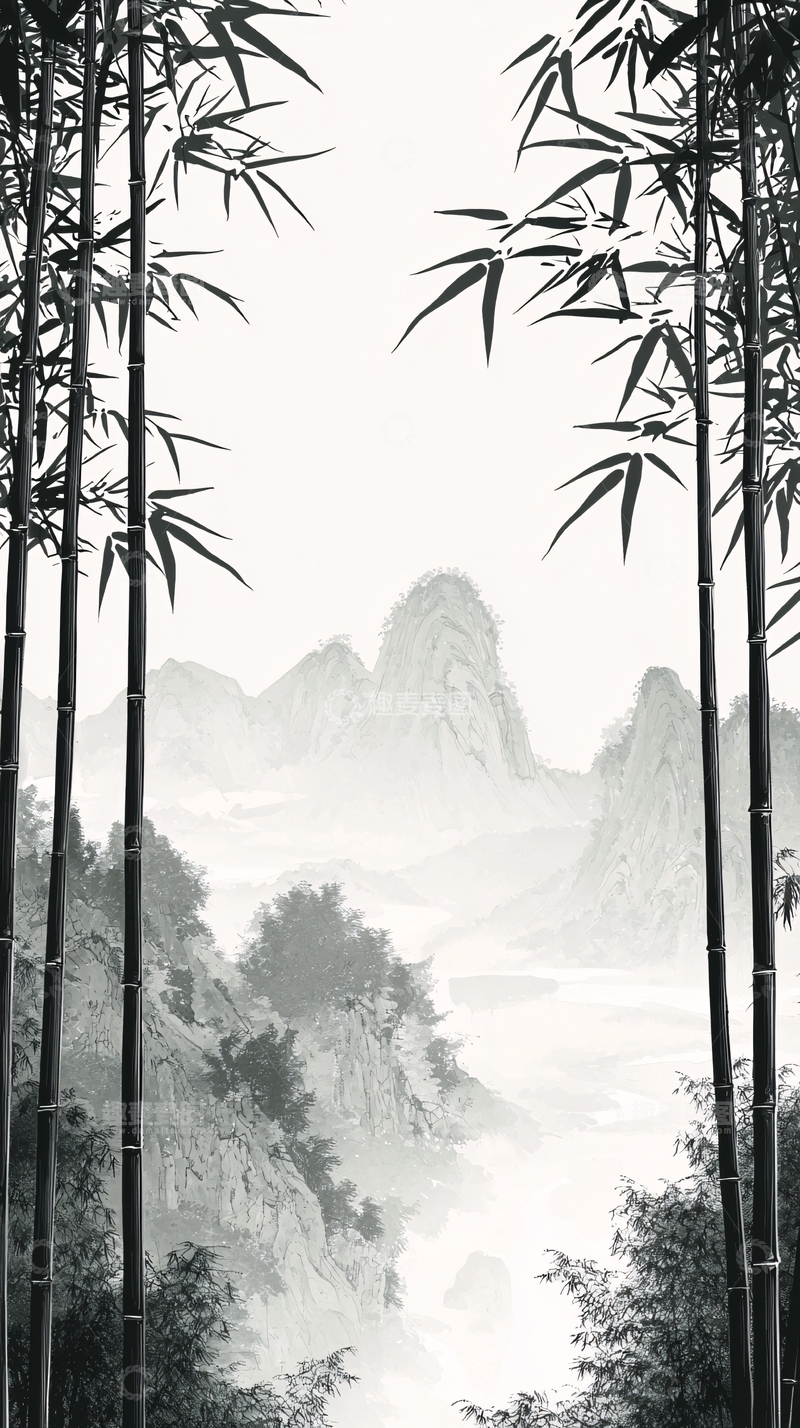 高清大图下载【趣麦麦图】水墨画竹林山景