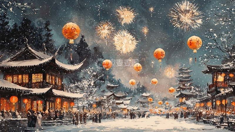 高清大图下载【趣麦麦图】雪夜古镇