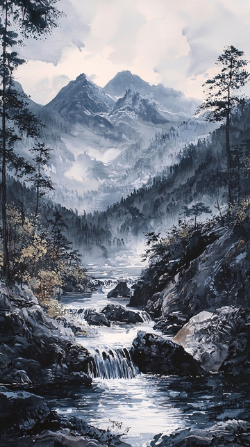 山谷溪流雾气朦胧