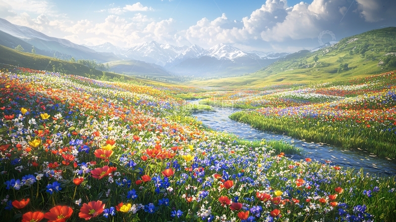 高清大图下载【趣麦麦图】阳光明媚的山谷花田