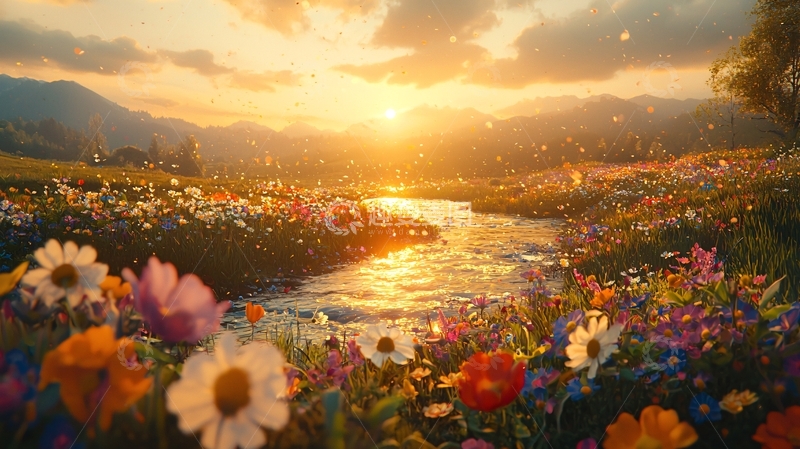 高清大图下载【趣麦麦图】夕阳西下花海溪流