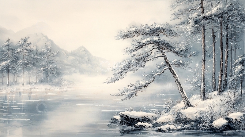 高清大图下载【趣麦麦图】冬日雪景湖边松树