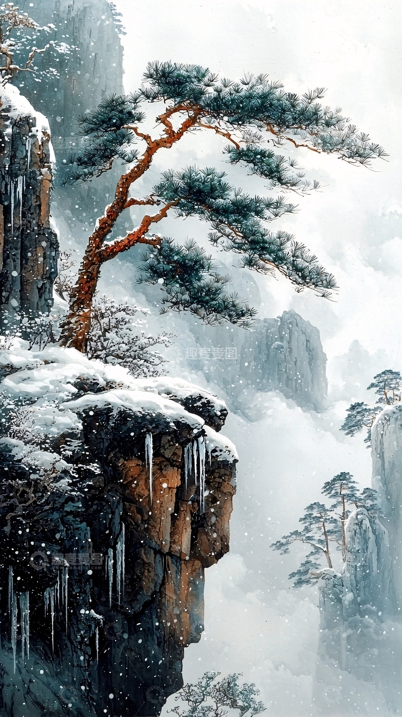 高清大图下载【趣麦麦图】雪山松树水墨画