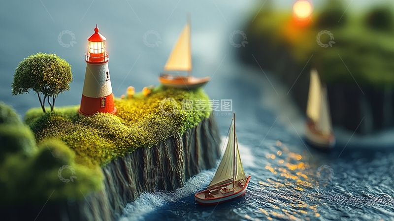 高清大图下载【趣麦麦图】微型海岛灯塔风景