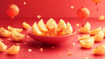 红碗里金黄饺子