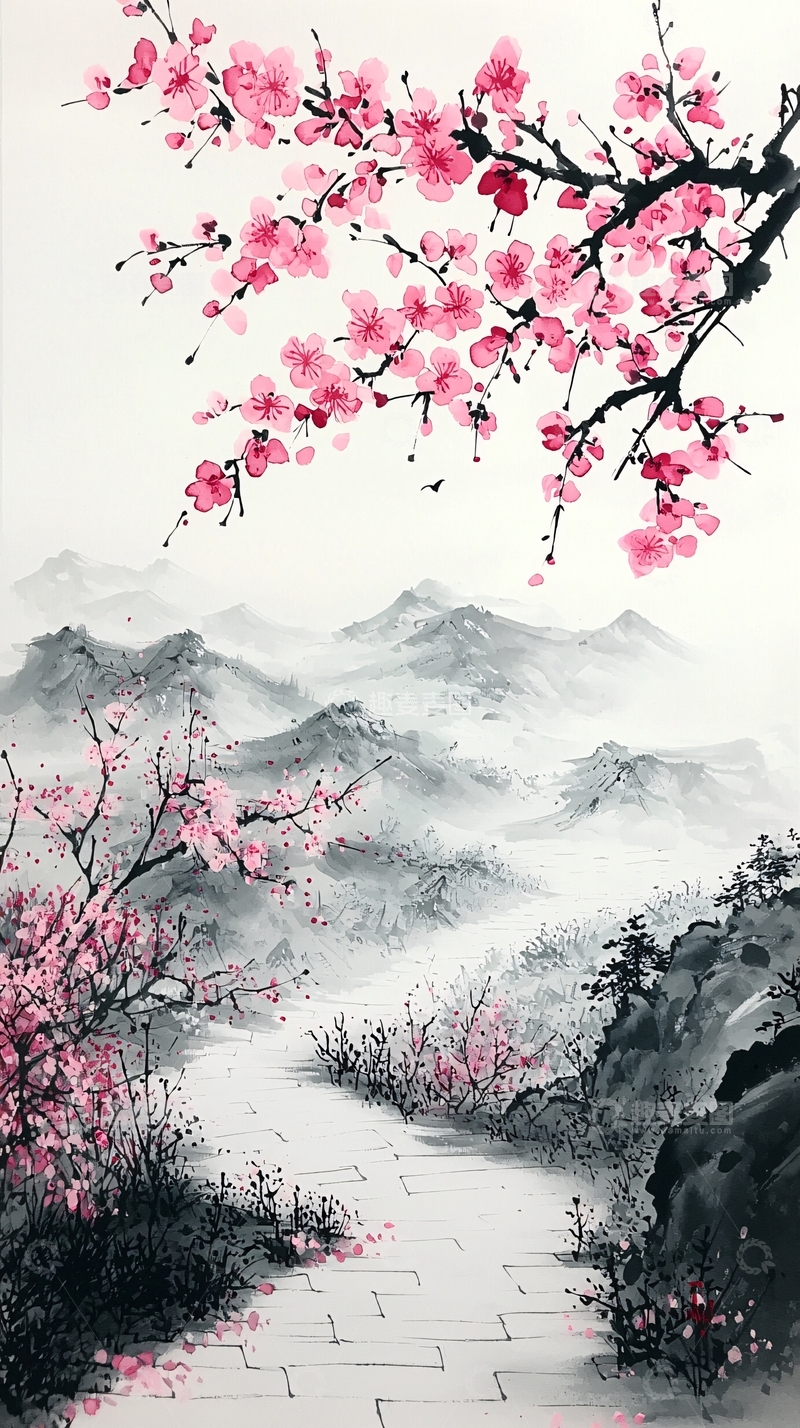 高清大图下载【趣麦麦图】粉色桃花水墨画山路