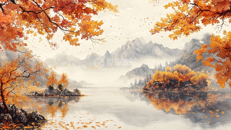 高清大图下载【趣麦麦图】秋景湖泊山峦