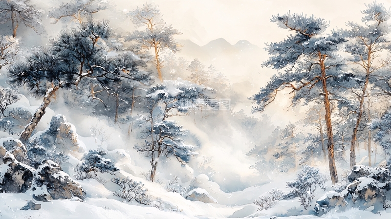 高清大图下载【趣麦麦图】冬日雪景松林山峦
