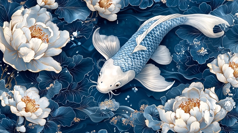 高清大图下载【趣麦麦图】蓝白锦鲤花卉图