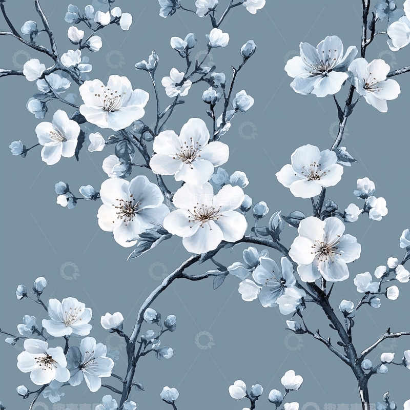 高清大图下载【趣麦麦图】水墨蓝白樱花